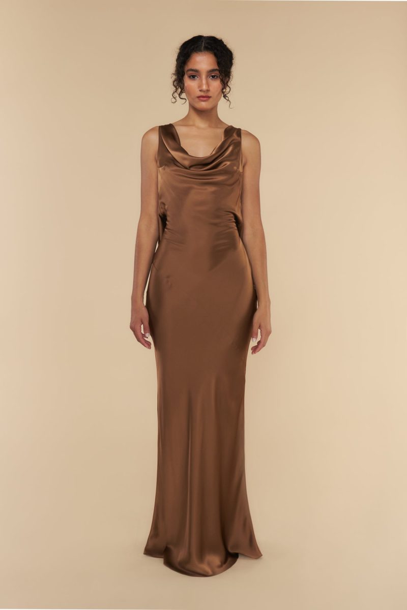 Plunging Back Cowl Dress in Toffee