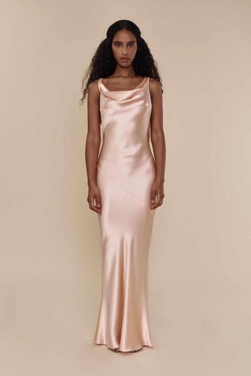 Plunging Back Cowl Dress in Whispering Angel