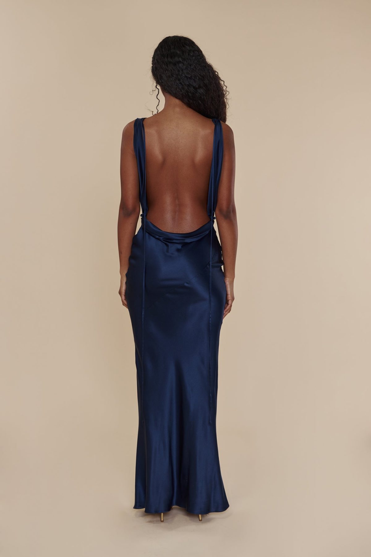 Plunging Back Cowl Dress in Navy