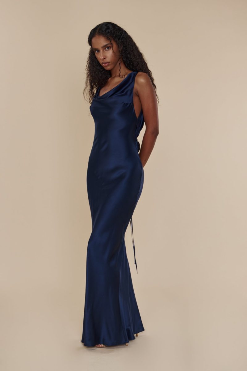 Plunging Back Cowl Dress in Navy