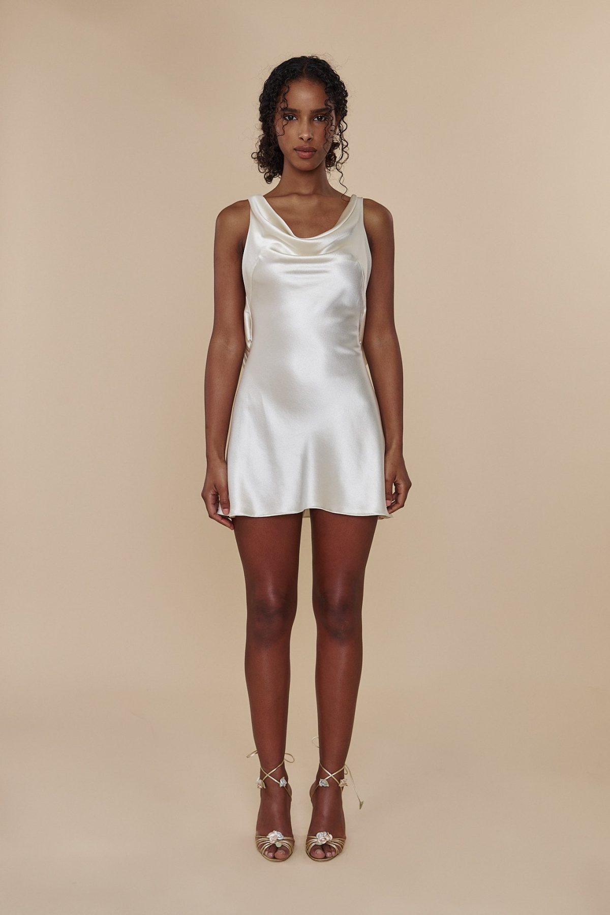 Plunging Back Cowl Mini Dress in Pearl