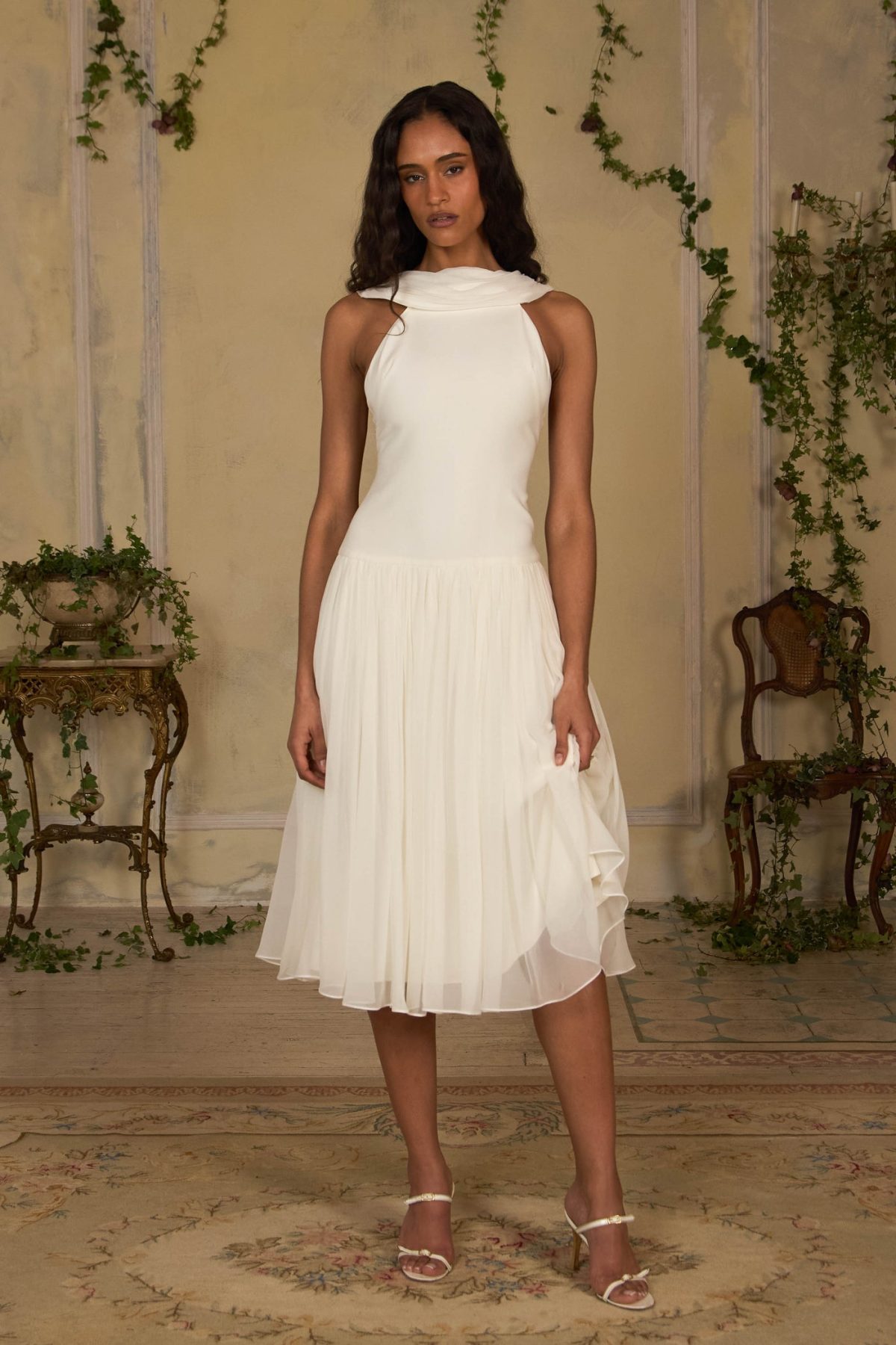 Double Cowl Lady Length Dress in Crème