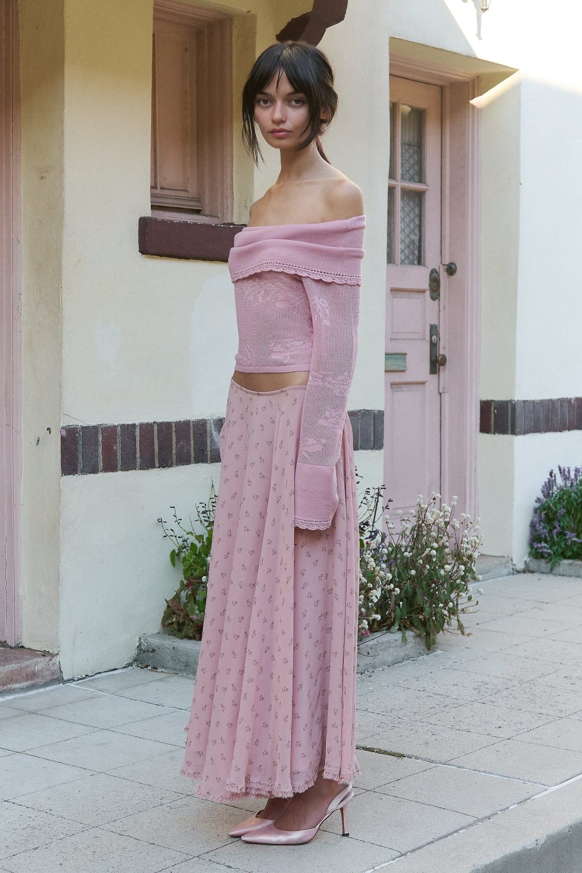Pointelle Knit Off-Shoulder Top in Puce