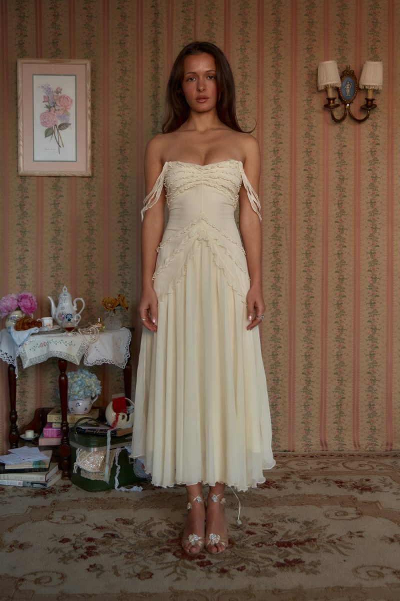 Cascading Ruffle Lady Length Dress in Butter