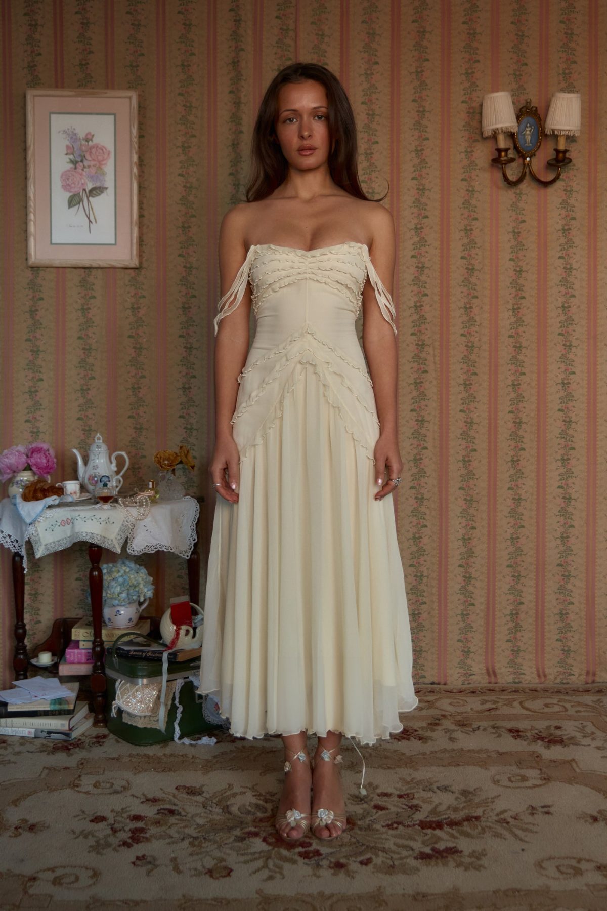 Cascading Ruffle Lady Length Dress in Butter