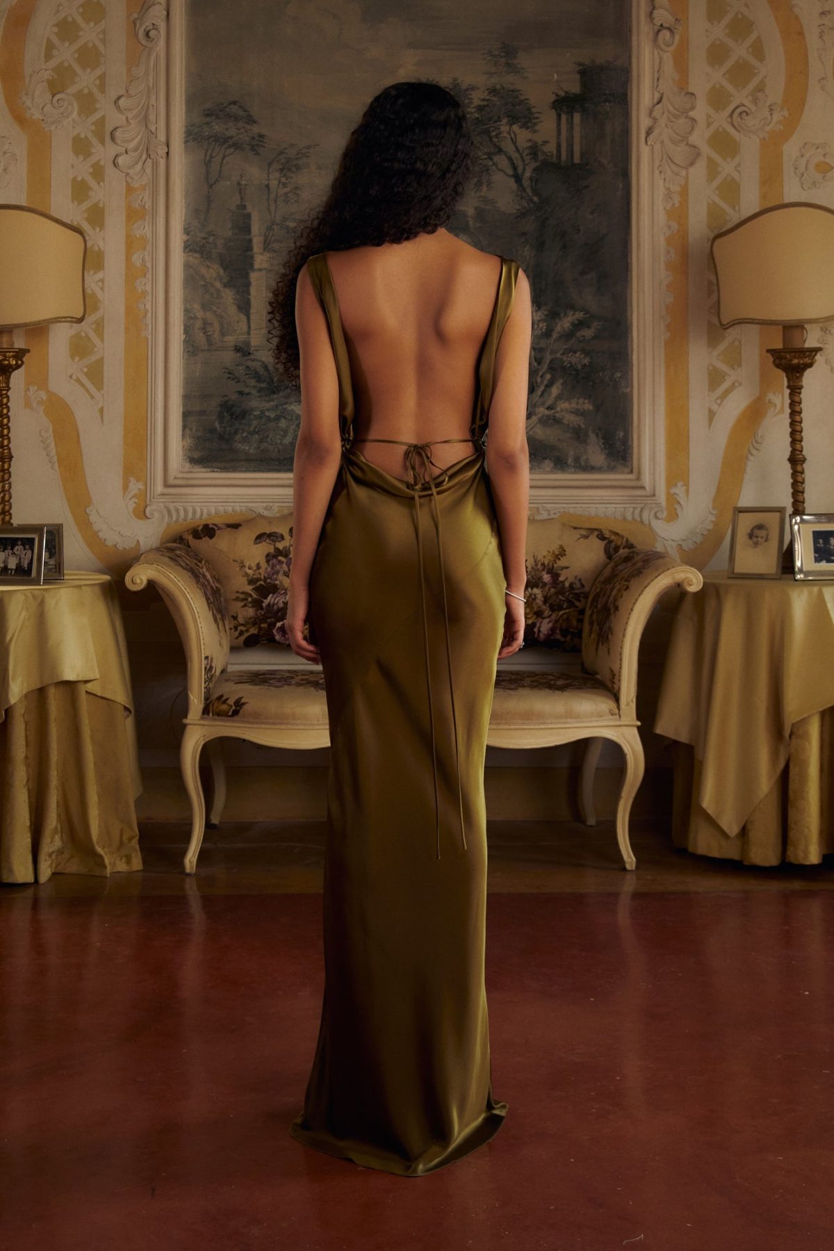 Plunging Back Cowl Dress in Olive