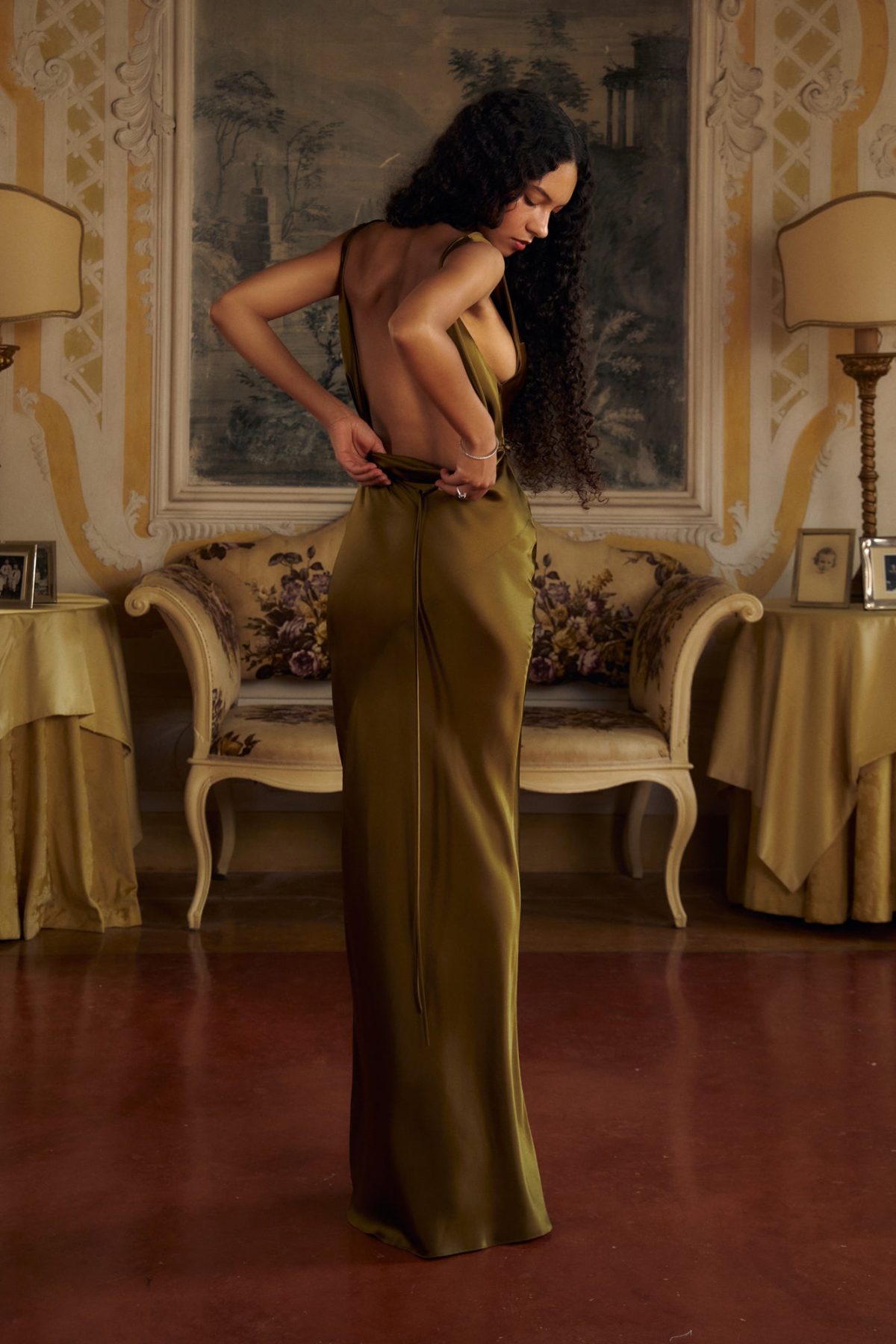 Plunging Back Cowl Dress in Olive