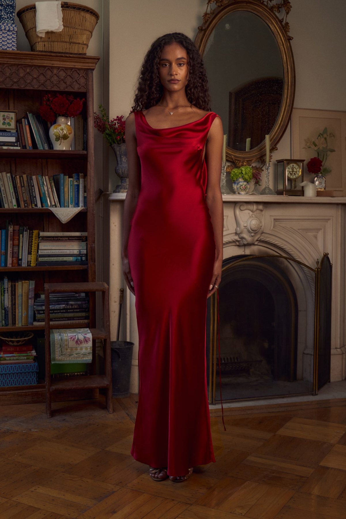 Plunging Back Cowl Dress in Scarlet