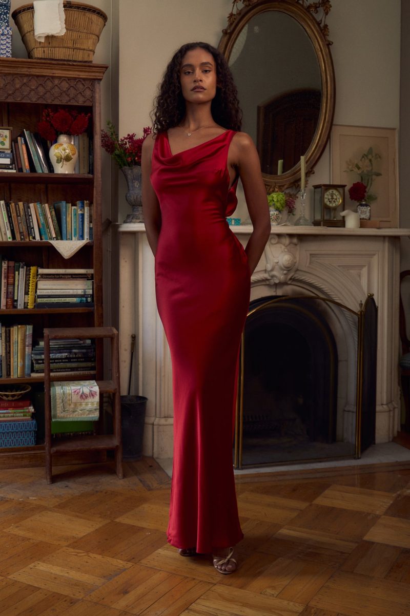 Plunging Back Cowl Dress in Scarlet