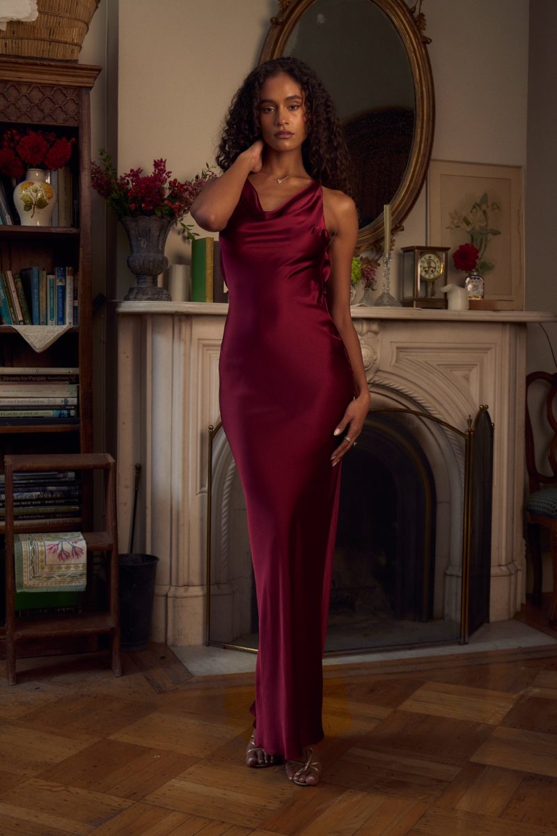 Plunging Back Cowl Dress in Sangre
