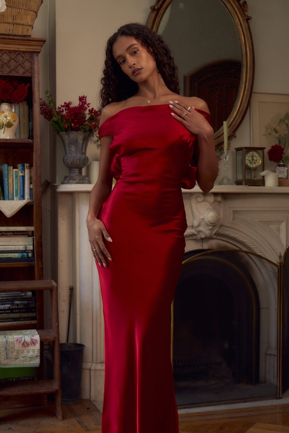 Plunging Back Cowl Dress in Scarlet