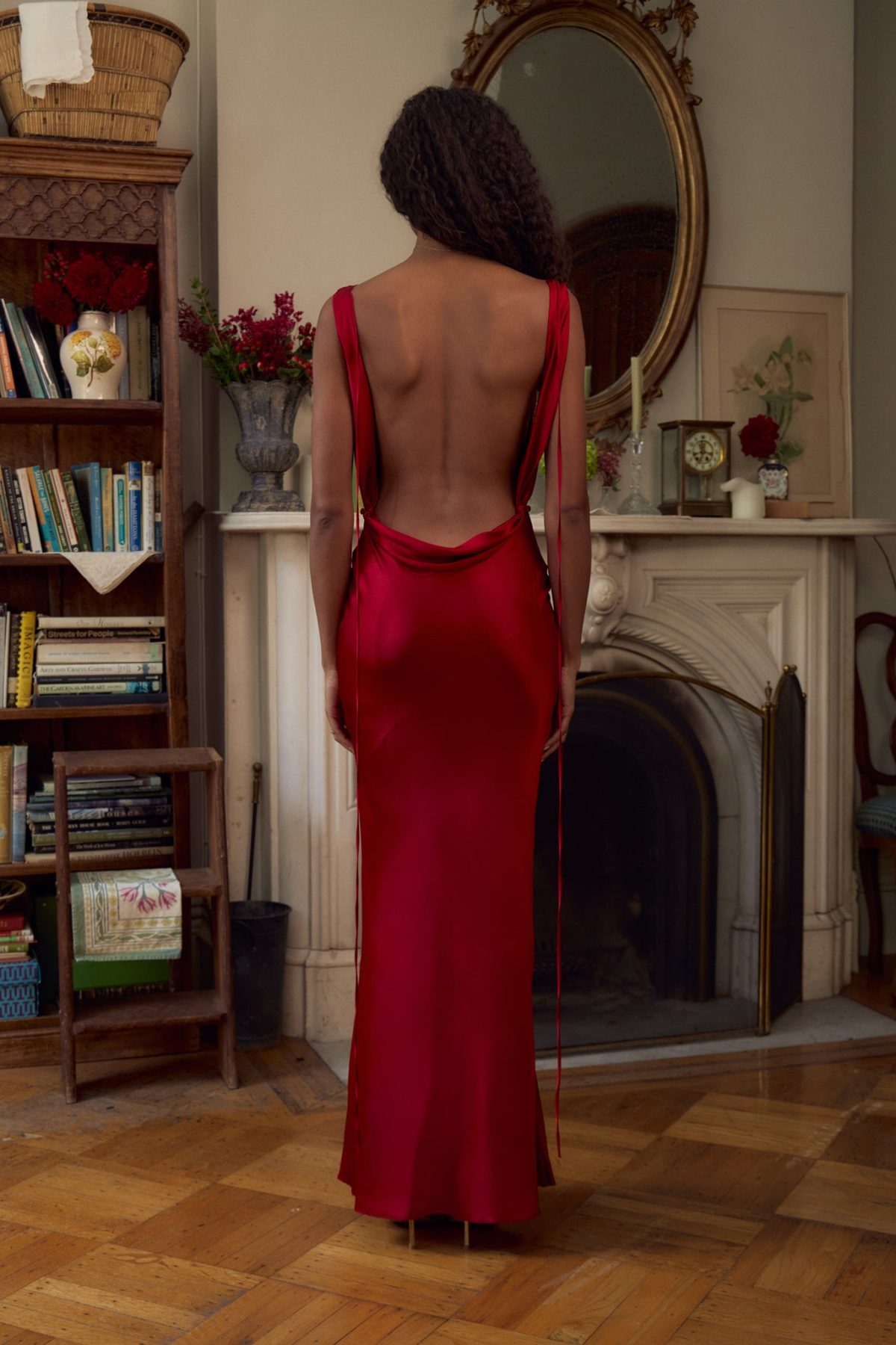 Plunging Back Cowl Dress in Scarlet